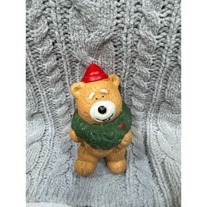 Vintage Ceramic Christmas Teddy Bear Ornament with Wreath and Red Hat Holiday
